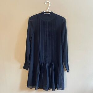 Club Monaco Midnight Blue Pleated Sheer Sleeve Dress w Knit Collar & Cuffs